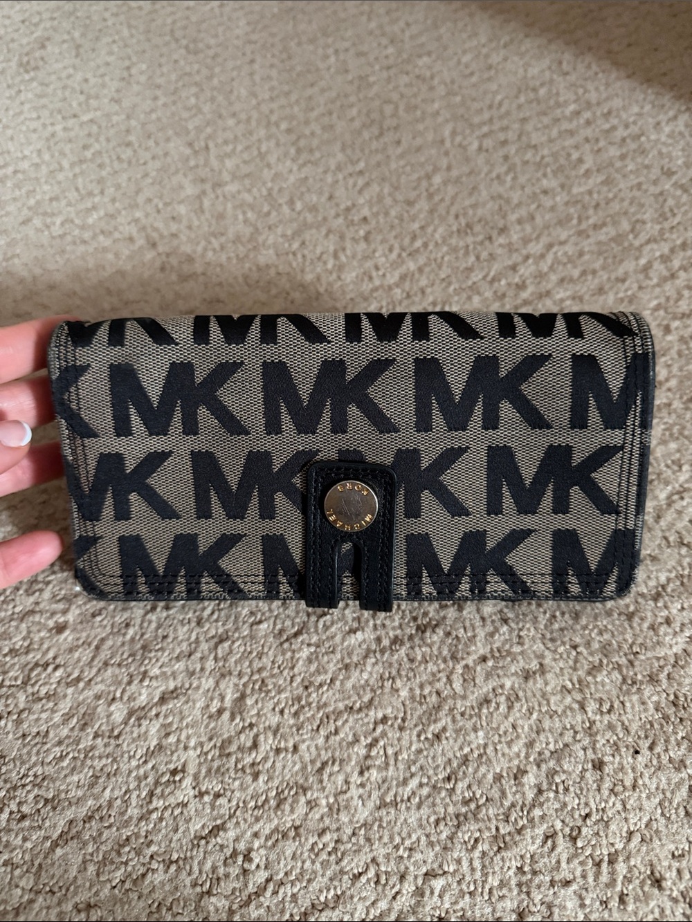 Michael Kors Black MK Logo Continental Wallet on Brown Canvas